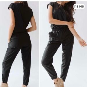 ALBION S Fit Cap Sleeve black elastic tie waist activewear ankle zip jumpsuit